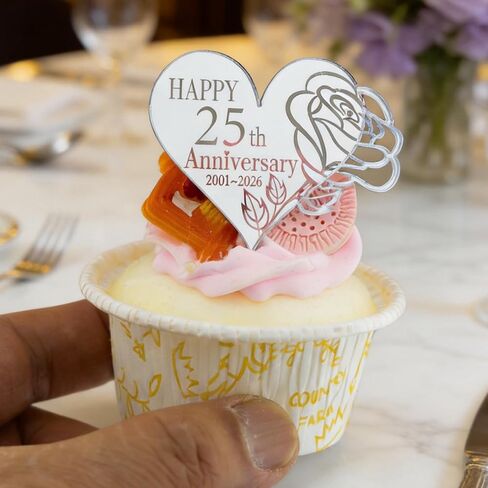 24 Pieces 25th Anniversary Acrylic Cupcake Toppers, Silver Mirror, 25 Years of Love Heart and Round Shapes, Happy 25th Anniversary Cake Picks in Saudi Arabia