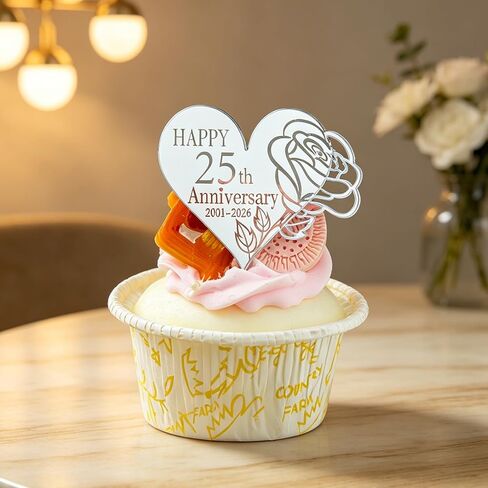 24 Pieces 25th Anniversary Acrylic Cupcake Toppers, Silver Mirror, 25 Years of Love Heart and Round Shapes, Happy 25th Anniversary Cake Picks in Saudi Arabia