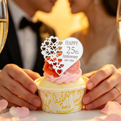 24 Pieces 25th Anniversary Acrylic Cupcake Toppers, Silver Mirror, 25 Years of Love Heart and Round Shapes, Happy 25th Anniversary Cake Picks in Saudi Arabia