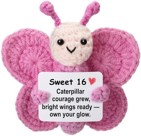 Sweet 16 Gift for Girls – Mini Crochet Butterfly Plush with 16th Birthday Message Sign, Handmade 4-inch, 16 Year Old Gift Idea, Kawaii Desk Shelf Decor, Coming-of-Age Present in Saudi Arabia