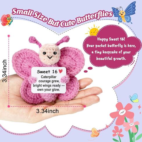 Sweet 16 Gift for Girls – Mini Crochet Butterfly Plush with 16th Birthday Message Sign, Handmade 4-inch, 16 Year Old Gift Idea, Kawaii Desk Shelf Decor, Coming-of-Age Present in Saudi Arabia