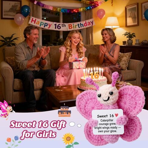 Sweet 16 Gift for Girls – Mini Crochet Butterfly Plush with 16th Birthday Message Sign, Handmade 4-inch, 16 Year Old Gift Idea, Kawaii Desk Shelf Decor, Coming-of-Age Present in Saudi Arabia