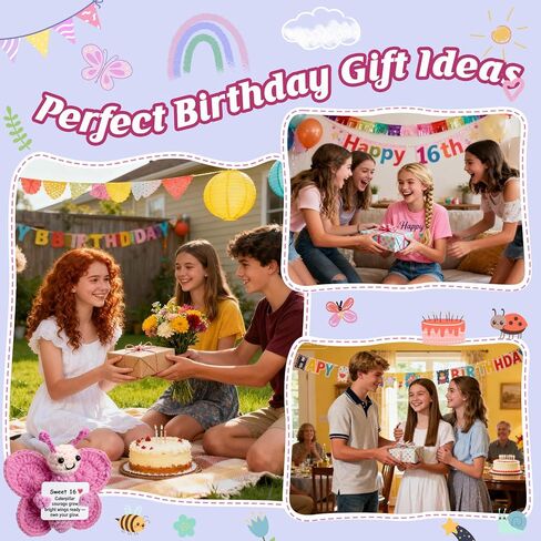 Sweet 16 Gift for Girls – Mini Crochet Butterfly Plush with 16th Birthday Message Sign, Handmade 4-inch, 16 Year Old Gift Idea, Kawaii Desk Shelf Decor, Coming-of-Age Present in Saudi Arabia
