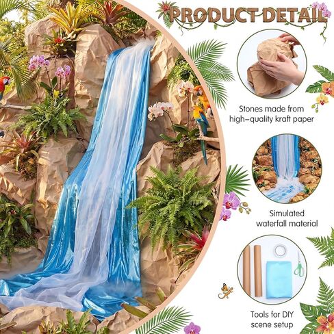 6.56 ft 2026 VBS Waterfalls DIY 3D Cardboard Rainforest Falls Backdrop Decorations Craft with Kraft Paper Waterfalls Fabric Rainforest Scene Construction Decor, VBS Sunday School Religious Background in Kuwait
