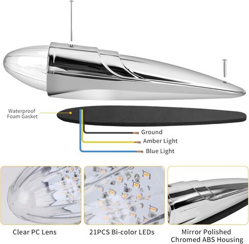 1PC 21 LED Dual Color Chrome Cab Marker Light, Torpedo Cab Marker Roof Running Top Lights, Replacement for Heavy Duty Trucks Kenworth Freightliner Peterbilt International Mack, Amber/Blue in Saudi Arabia