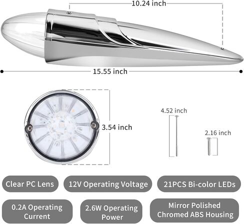 1PC 21 LED Dual Color Chrome Cab Marker Light, Torpedo Cab Marker Roof Running Top Lights, Replacement for Heavy Duty Trucks Kenworth Freightliner Peterbilt International Mack, Amber/Blue in Saudi Arabia