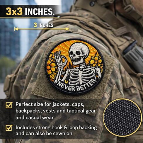 Never Better Skeleton Embroidered Patch - Mental Health Funny Morale Patch - Hook and Loop Patches for Backpacks, Gift, DIY Applique Accessories, Trucker Hats, Clothes, Backpack Size 3 Inches in Saudi Arabia