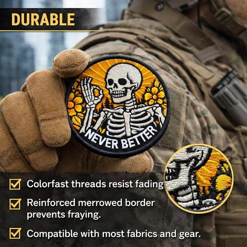 Never Better Skeleton Embroidered Patch - Mental Health Funny Morale Patch - Hook and Loop Patches for Backpacks, Gift, DIY Applique Accessories, Trucker Hats, Clothes, Backpack Size 3 Inches in Saudi Arabia