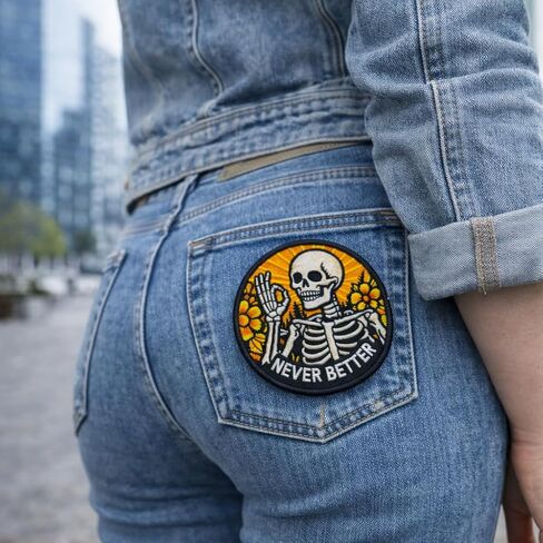 Never Better Skeleton Embroidered Patch - Mental Health Funny Morale Patch - Hook and Loop Patches for Backpacks, Gift, DIY Applique Accessories, Trucker Hats, Clothes, Backpack Size 3 Inches in Saudi Arabia