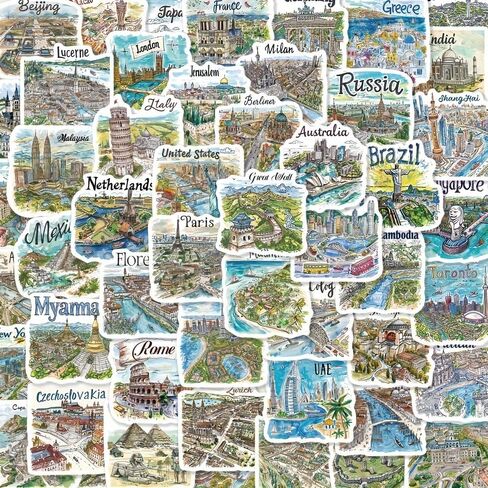 50 Pcs Hand-Drawn Cartoon Travel Map Stickers | Vinyl Waterproof Decals for Laptops, Notebooks, Journals, Guitars & DIY Decor - Adventure-Themed Decorative Sticker Pack in Kuwait