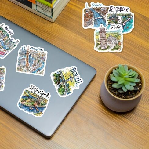 50 Pcs Hand-Drawn Cartoon Travel Map Stickers | Vinyl Waterproof Decals for Laptops, Notebooks, Journals, Guitars & DIY Decor - Adventure-Themed Decorative Sticker Pack in Kuwait