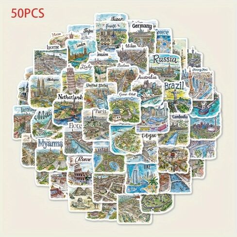 50 Pcs Hand-Drawn Cartoon Travel Map Stickers | Vinyl Waterproof Decals for Laptops, Notebooks, Journals, Guitars & DIY Decor - Adventure-Themed Decorative Sticker Pack in Kuwait