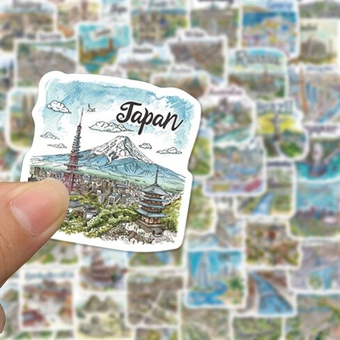 50 Pcs Hand-Drawn Cartoon Travel Map Stickers | Vinyl Waterproof Decals for Laptops, Notebooks, Journals, Guitars & DIY Decor - Adventure-Themed Decorative Sticker Pack in Kuwait