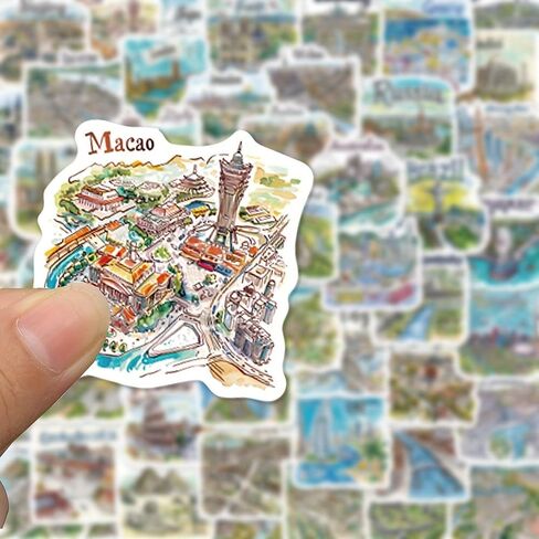 50 Pcs Hand-Drawn Cartoon Travel Map Stickers | Vinyl Waterproof Decals for Laptops, Notebooks, Journals, Guitars & DIY Decor - Adventure-Themed Decorative Sticker Pack in Kuwait