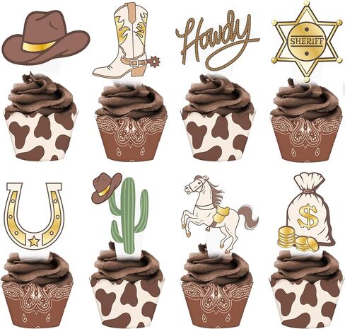 Western Party Cupcake Toppers and Wrappers 32 Pieces Cowboy Theme Birthday Cake Decorations Cowboy Boot Hat Cactus Horseshoe Cupcake Decorations for Rodeo Baby Shower Wild West Hoedown Party Supplies in Saudi Arabia