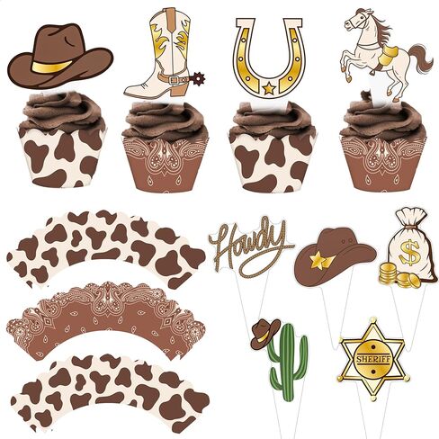 Western Party Cupcake Toppers and Wrappers 32 Pieces Cowboy Theme Birthday Cake Decorations Cowboy Boot Hat Cactus Horseshoe Cupcake Decorations for Rodeo Baby Shower Wild West Hoedown Party Supplies in Saudi Arabia
