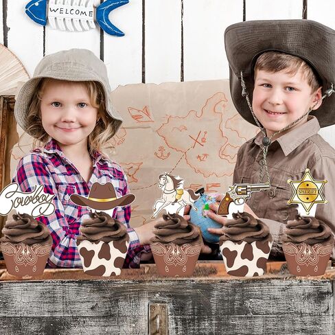 Western Party Cupcake Toppers and Wrappers 32 Pieces Cowboy Theme Birthday Cake Decorations Cowboy Boot Hat Cactus Horseshoe Cupcake Decorations for Rodeo Baby Shower Wild West Hoedown Party Supplies in Saudi Arabia