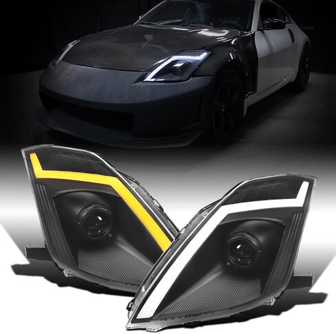 Ronnin - Fits 2006-2009 Nissan 350Z Upgraded Replacement HID Xenon Projector Headlights LED Switchback Sequential Turn Signals + Animated Startup Effect Assembly Pair | Black in Kuwait