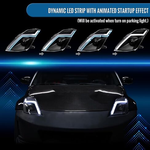 Ronnin - Fits 2006-2009 Nissan 350Z Upgraded Replacement HID Xenon Projector Headlights LED Switchback Sequential Turn Signals + Animated Startup Effect Assembly Pair | Black in Kuwait