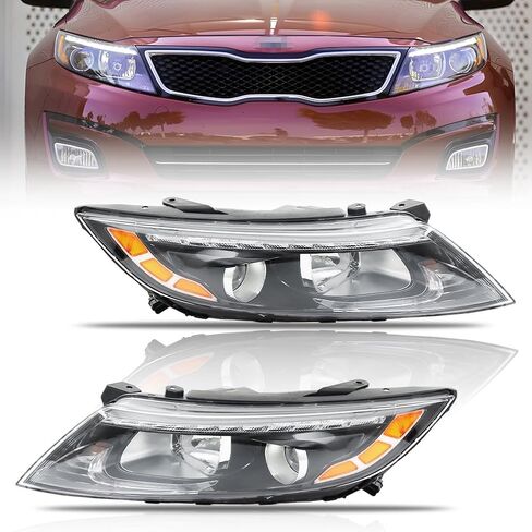 Upgraded Halogen Headlights Assembly for 2014 2015 Optima, [LED Daytime Running Light] Passenger & Driver Side Headlamp with Bulbs Clear Lens Black Housing Amber Reflector, 1 Pair in Saudi Arabia