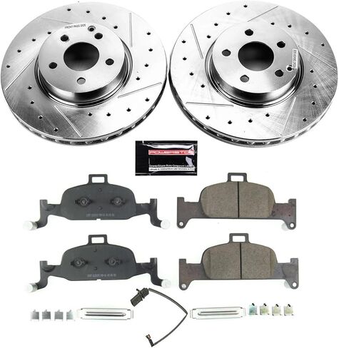 طقم فرامل أمامية PowerStop لسيارة Audi A4 2017-18 |A4 allroad 2017-25 |A4 Quattro 2017-25 |A5 Quattro 2018-24 - دوارات قرصية محفورة ومشقوقة مع استبدال وسادات فرامل سيراميك من ألياف الكربون، K7648 in Kuwait