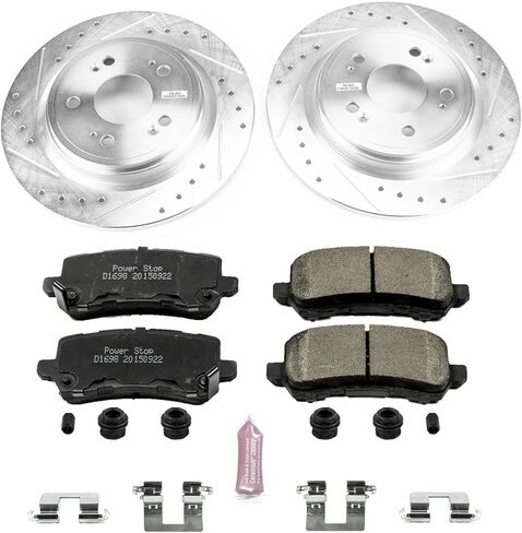 طقم فرامل خلفية PowerStop لسيارة Acura RLX 2014-20 - دوارات قرصية محفورة ومشقوقة مع استبدال وسادات الفرامل السيراميكية من ألياف الكربون، K6952 in Kuwait