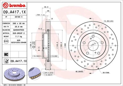 Brembo 09.A417.1X Xtra UV Coated vented drilled Front Brake Rotor EMGRAND/ENGLON/GLEAGLE/LEXUS/TOYOTA/TOYOTA (FAW)/TOYOTA (GAC) OE# 4351242050 in Kuwait