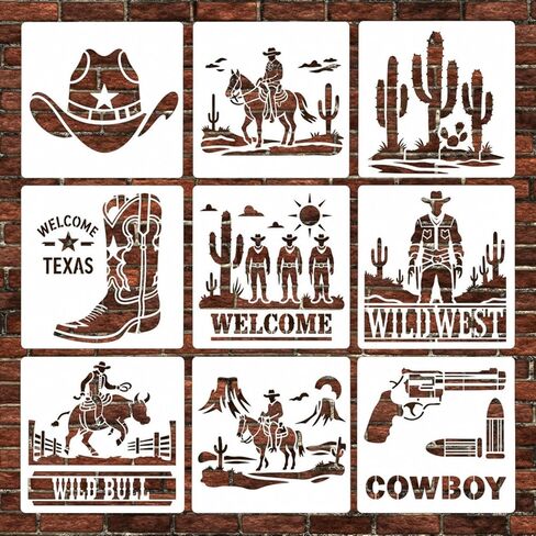 Western Cowboy Stencil – Reusable Cowboys Theme Template for Painting, Walls, Wood, Fabric, and DIY Art Projects (9 Pcs Set) in Saudi Arabia