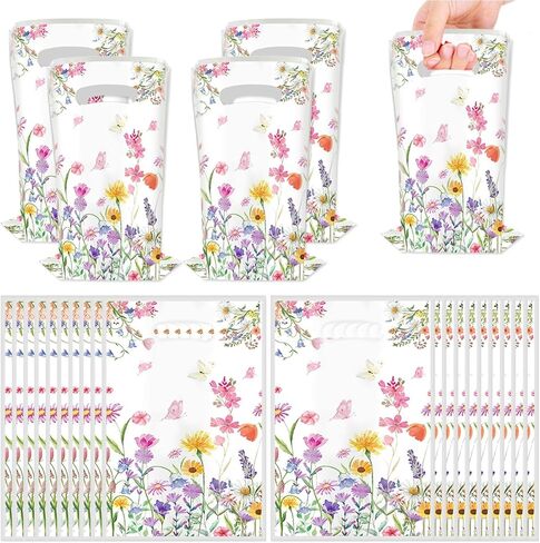 OUAOCZH 50Pcs Wildflower Party Treat Bags, Floral Party Candy Plastic Bags with Handles for Bridal Shower Wedding Party Favors in Saudi Arabia