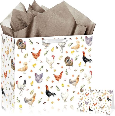 JORHANCE Chicken Gift Bag with Tissue Paper & Bday Card, Large Farm Wrapping Paper Bag for Chicken Birthday Party Decorations, This Chick is One Birthday & Hen Rooster Decorations in Saudi Arabia