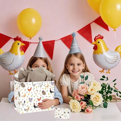 JORHANCE Chicken Gift Bag with Tissue Paper & Bday Card, Large Farm Wrapping Paper Bag for Chicken Birthday Party Decorations, This Chick is One Birthday & Hen Rooster Decorations in Saudi Arabia