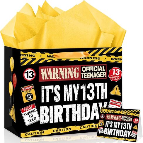 13th Birthday Gift Bag Official Teenager Warning Logo Themed 13 Year Old Birthday Party Favor Bag Tween To Teen Decoration Gift Bags Thirteen Bday Wrapping Paper Card Kids Boys Girls 13 Zone Caution Theme in Kuwait