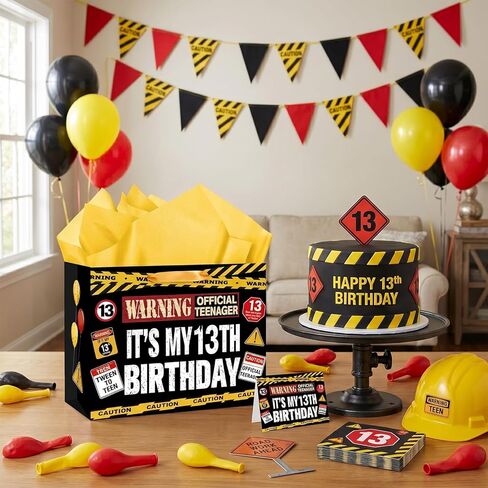 13th Birthday Gift Bag Official Teenager Warning Logo Themed 13 Year Old Birthday Party Favor Bag Tween To Teen Decoration Gift Bags Thirteen Bday Wrapping Paper Card Kids Boys Girls 13 Zone Caution Theme in Kuwait