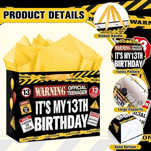 13th Birthday Gift Bag Official Teenager Warning Logo Themed 13 Year Old Birthday Party Favor Bag Tween To Teen Decoration Gift Bags Thirteen Bday Wrapping Paper Card Kids Boys Girls 13 Zone Caution Theme in Kuwait