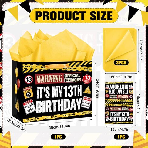 13th Birthday Gift Bag Official Teenager Warning Logo Themed 13 Year Old Birthday Party Favor Bag Tween To Teen Decoration Gift Bags Thirteen Bday Wrapping Paper Card Kids Boys Girls 13 Zone Caution Theme in Kuwait