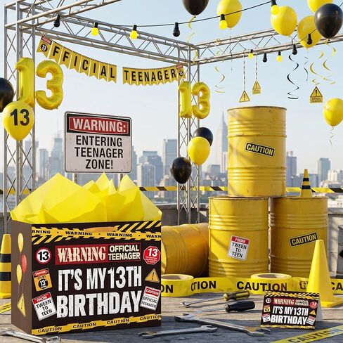 13th Birthday Gift Bag Official Teenager Warning Logo Themed 13 Year Old Birthday Party Favor Bag Tween To Teen Decoration Gift Bags Thirteen Bday Wrapping Paper Card Kids Boys Girls 13 Zone Caution Theme in Kuwait