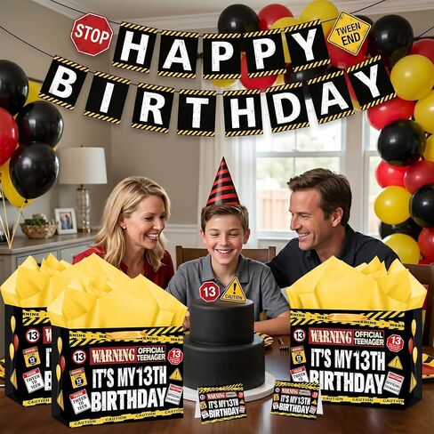 13th Birthday Gift Bag Official Teenager Warning Logo Themed 13 Year Old Birthday Party Favor Bag Tween To Teen Decoration Gift Bags Thirteen Bday Wrapping Paper Card Kids Boys Girls 13 Zone Caution Theme in Kuwait