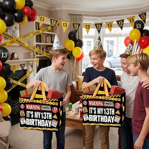 13th Birthday Gift Bag Official Teenager Warning Logo Themed 13 Year Old Birthday Party Favor Bag Tween To Teen Decoration Gift Bags Thirteen Bday Wrapping Paper Card Kids Boys Girls 13 Zone Caution Theme in Kuwait