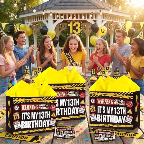 13th Birthday Gift Bag Official Teenager Warning Logo Themed 13 Year Old Birthday Party Favor Bag Tween To Teen Decoration Gift Bags Thirteen Bday Wrapping Paper Card Kids Boys Girls 13 Zone Caution Theme in Kuwait