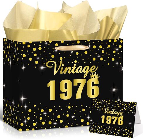 Vintage ﻿50th Birthday Gift Bag for Men Women with 50th Wrapping Paper and Card Black Gold 1976 Birthday Gift Wrap Bags for Vintage Aged 50 Years Old Bday Anniversary Party Supplies Decorations in Kuwait