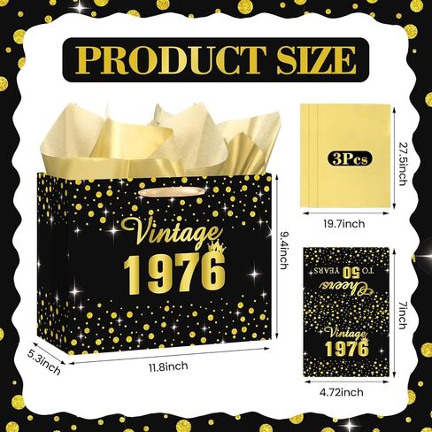 Vintage ﻿50th Birthday Gift Bag for Men Women with 50th Wrapping Paper and Card Black Gold 1976 Birthday Gift Wrap Bags for Vintage Aged 50 Years Old Bday Anniversary Party Supplies Decorations in Kuwait