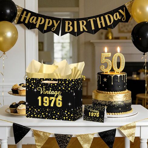 Vintage ﻿50th Birthday Gift Bag for Men Women with 50th Wrapping Paper and Card Black Gold 1976 Birthday Gift Wrap Bags for Vintage Aged 50 Years Old Bday Anniversary Party Supplies Decorations in Kuwait