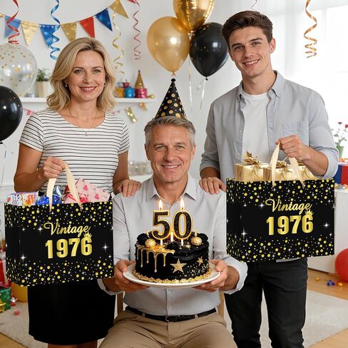 Vintage ﻿50th Birthday Gift Bag for Men Women with 50th Wrapping Paper and Card Black Gold 1976 Birthday Gift Wrap Bags for Vintage Aged 50 Years Old Bday Anniversary Party Supplies Decorations in Kuwait