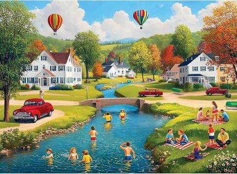 500 Piece Puzzle for Adults, Summer Village Puzzles, Colorful Countryside Scene with Swimming and Hot Air Balloons, Challenging Game Home Decor Birthday Party Gift Toy for Adults, 20.5 x15 in in Saudi Arabia