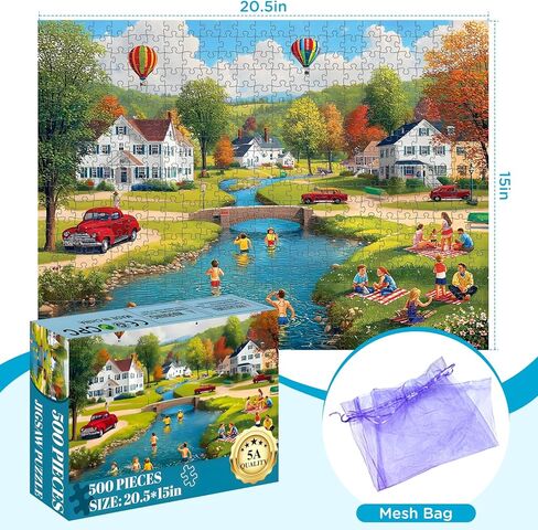 500 Piece Puzzle for Adults, Summer Village Puzzles, Colorful Countryside Scene with Swimming and Hot Air Balloons, Challenging Game Home Decor Birthday Party Gift Toy for Adults, 20.5 x15 in in Saudi Arabia