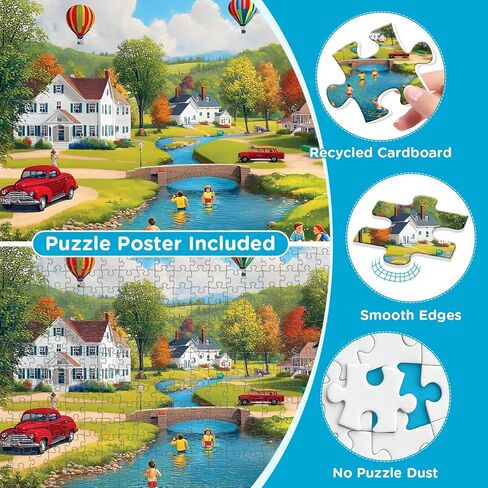 500 Piece Puzzle for Adults, Summer Village Puzzles, Colorful Countryside Scene with Swimming and Hot Air Balloons, Challenging Game Home Decor Birthday Party Gift Toy for Adults, 20.5 x15 in in Saudi Arabia