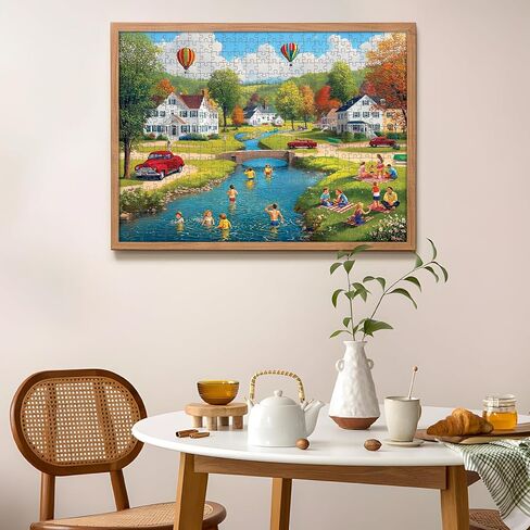 500 Piece Puzzle for Adults, Summer Village Puzzles, Colorful Countryside Scene with Swimming and Hot Air Balloons, Challenging Game Home Decor Birthday Party Gift Toy for Adults, 20.5 x15 in in Saudi Arabia