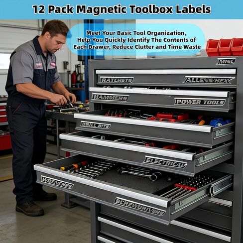 12 Pack Strong Magnetic Toolbox Labels, 3D Printed Reusable Magnetic Tags, Metal Compatible Tool Box Organizer Accessories for Garage Drawer Cabinet Storage in Saudi Arabia