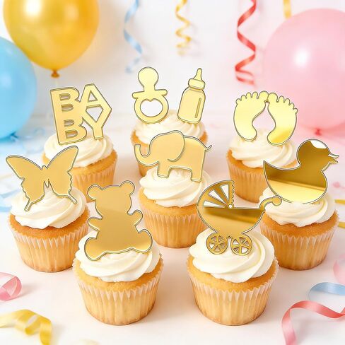 10 PCS Gold Acrylic Baby Shower Cupcake Toppers – Gender Neutral Cake Decorations for Boy or Girl, Baby Theme Party Supplies with Pacifier, Feet, Bottle, and Stroller Shapes (10pcs) in Saudi Arabia