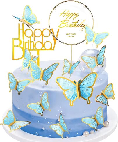 22 Pcs Butterfly Happy Birthday Cake Topper Set Acrylic & Gold Metal Frame Blue Butterfly Cake Decor for Birthday Wedding Spring Theme Party Cake Decorations Supplies in Saudi Arabia